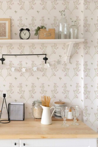 Light farmhouse style kitchen decorated with Wildflower peel and stick wallpaper