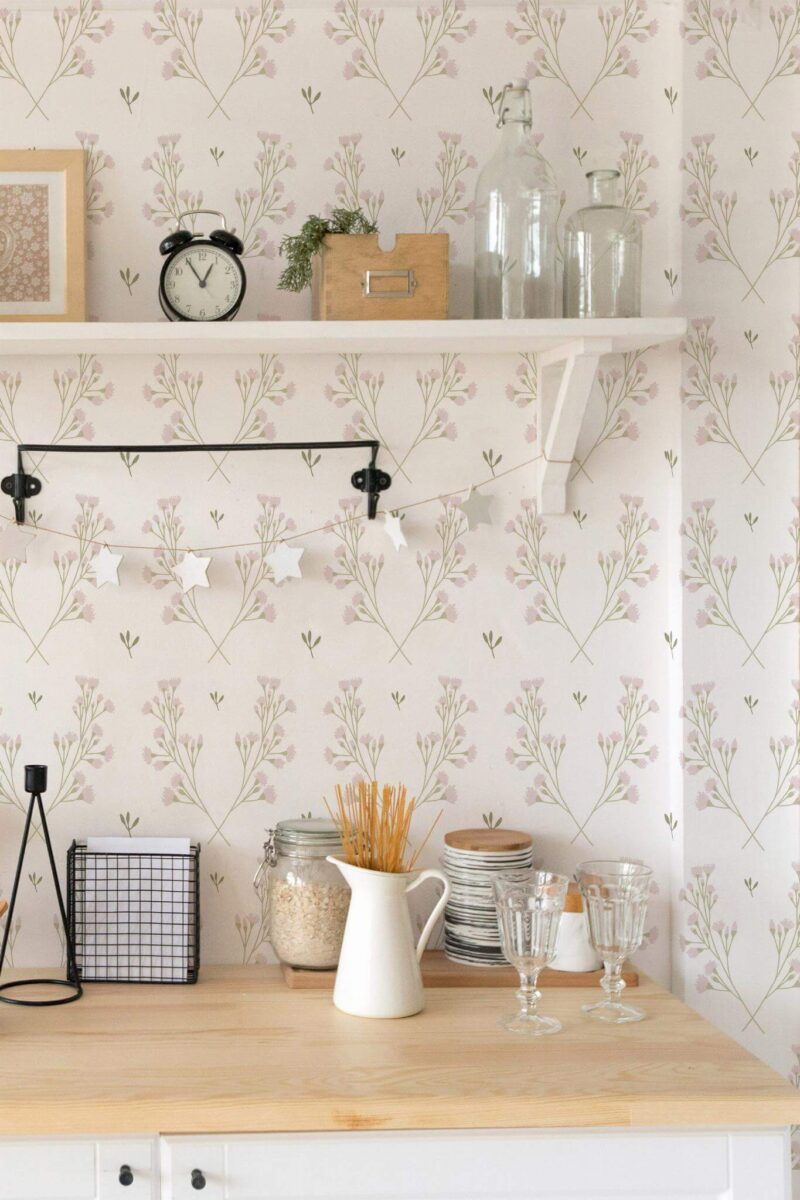 Light farmhouse style kitchen decorated with Wildflower peel and stick wallpaper