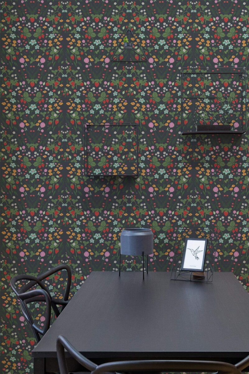 Industrial modern style dining room decorated with Wildwood peel and stick wallpaper