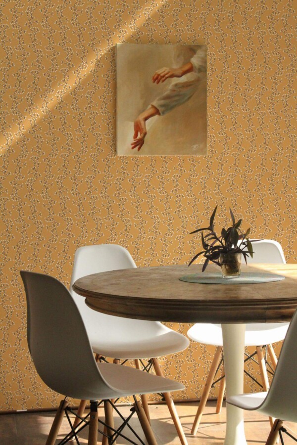 Scandinavian farmhouse style dining room decorated with Willow branches peel and stick wallpaper