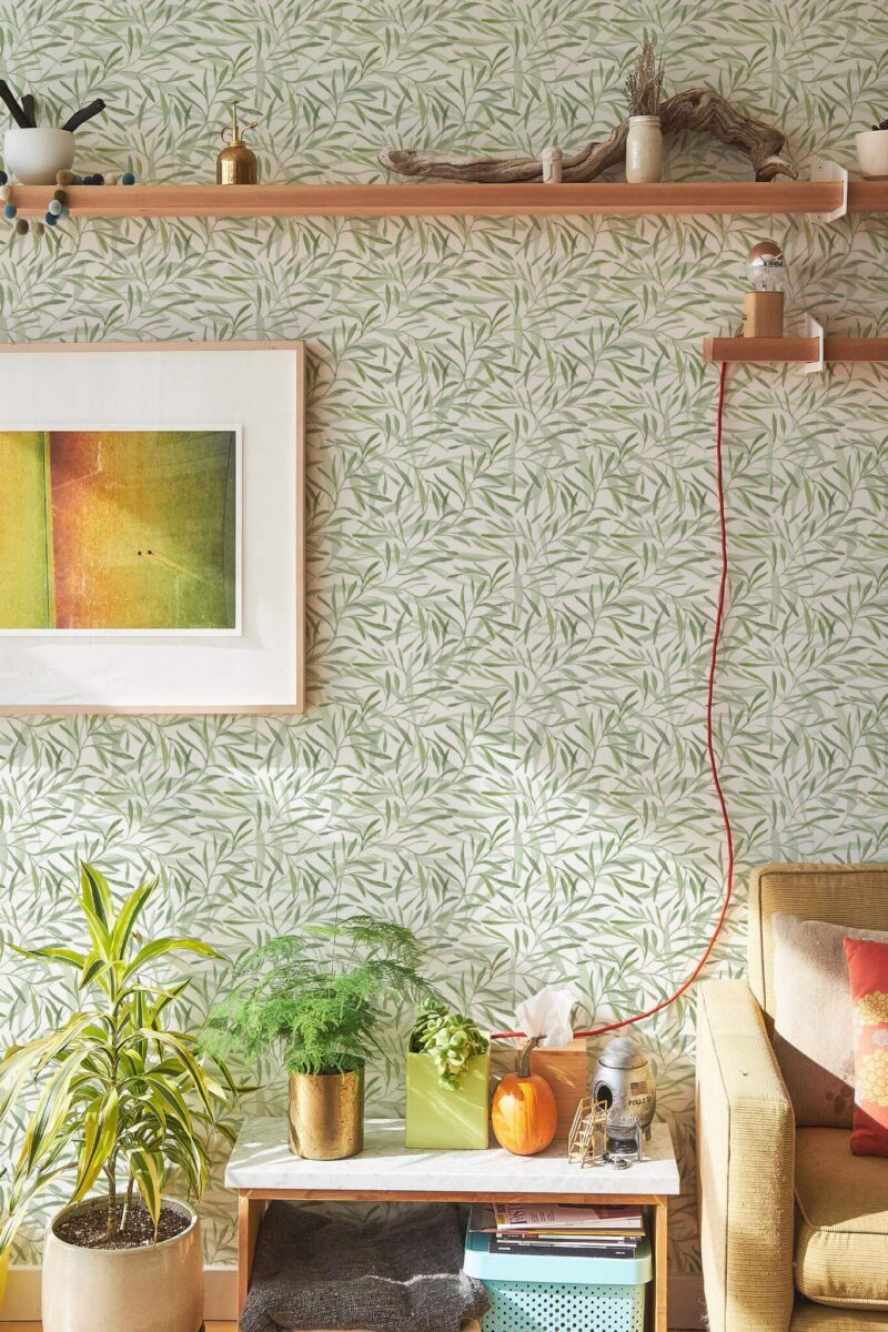 Southwestern style living room decorated with Willow peel and stick wallpaper