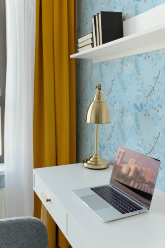 Scandinavian style home office decorated with Winter flowers peel and stick wallpaper