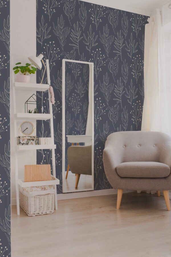 Light boho style living room decorated with Winter leaf peel and stick wallpaper