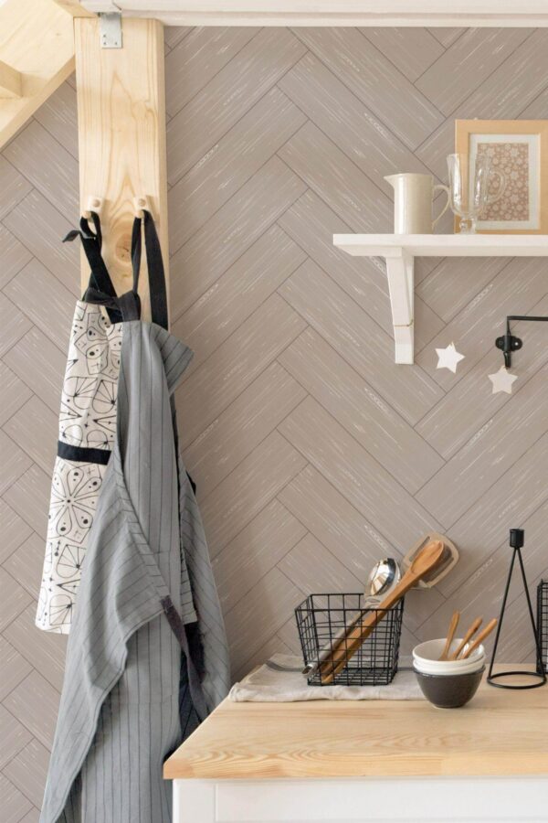 Minimal scandinavian style kitchen decorated with Wood herringbone peel and stick wallpaper