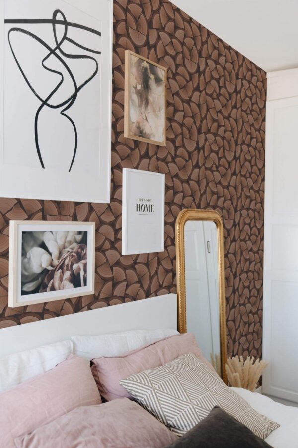 Bohemian style bedroom decorated with Wood peel and stick wallpaper