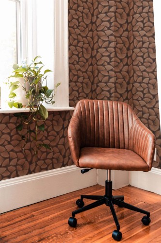 Mid-century modern style living room decorated with Wood peel and stick wallpaper