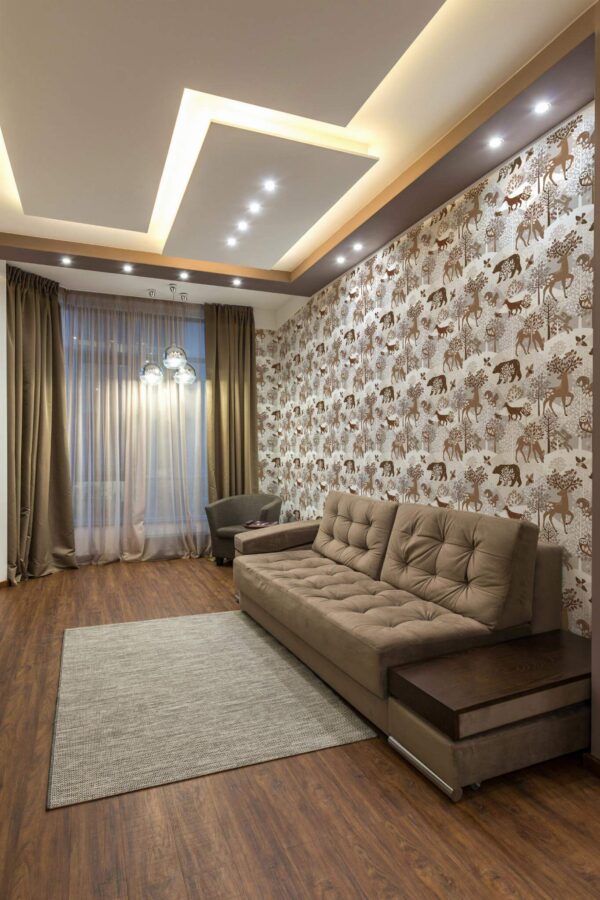 Modern Eastern European style living room decorated with Woodland animal peel and stick wallpaper