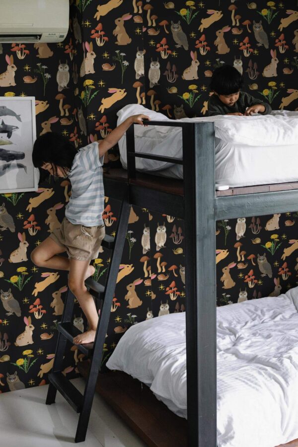 Minimalistic style kids room decorated with Woodland forest peel and stick wallpaper