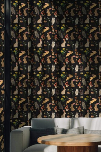 Scandinavian style living room decorated with Woodland forest peel and stick wallpaper