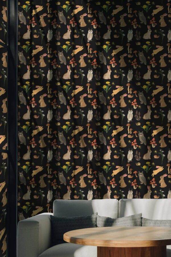 Scandinavian style living room decorated with Woodland forest peel and stick wallpaper