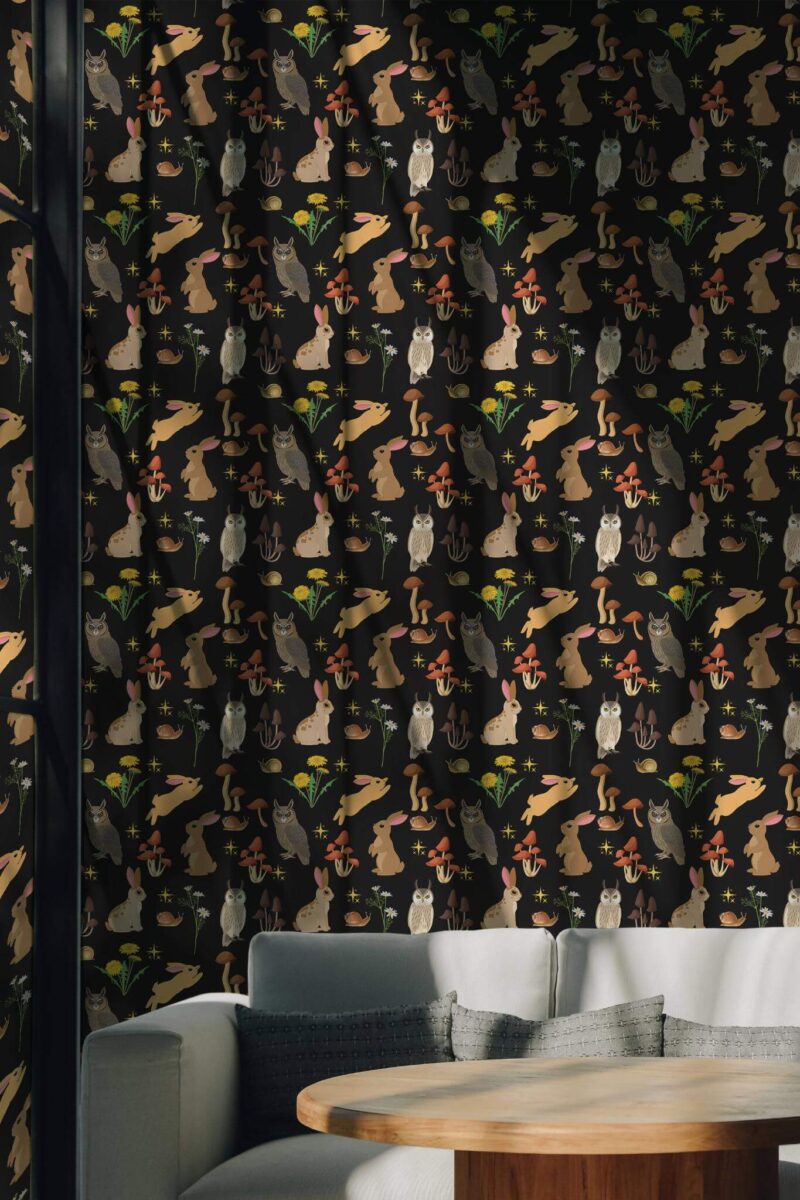 Scandinavian style living room decorated with Woodland forest peel and stick wallpaper