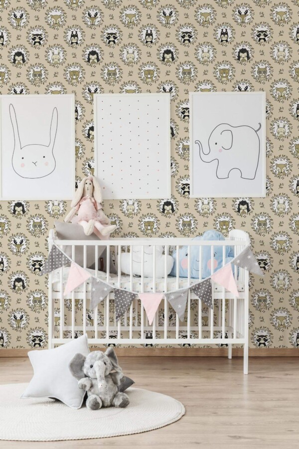 Minimal style nursery decorated with Woodland nursery peel and stick wallpaper
