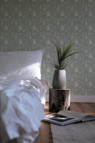Minimal scandinavian style bedroom decorated with Woodland peel and stick wallpaper