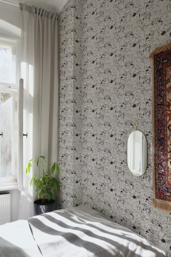 Bohemian style bedroom decorated with Writer wall peel and stick wallpaper