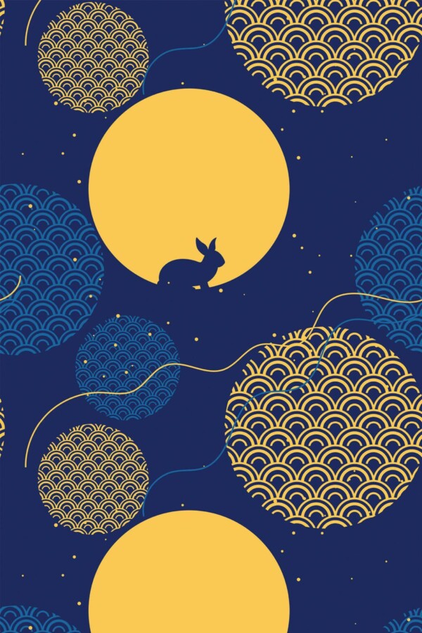 Pattern repeat of Yellow and blue chinoiserie abstract removable wallpaper design