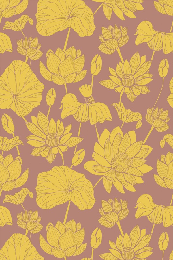 Pattern repeat of Yellow and brown retro floral pattern removable wallpaper design