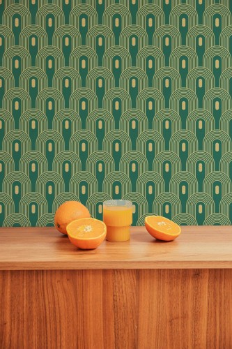 Mid-century style living room decorated with Yellow Art deco peel and stick wallpaper