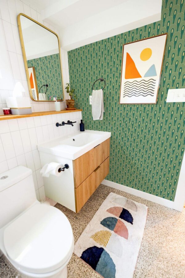 Modern boho style coffee bar decorated with Yellow Art deco peel and stick wallpaper
