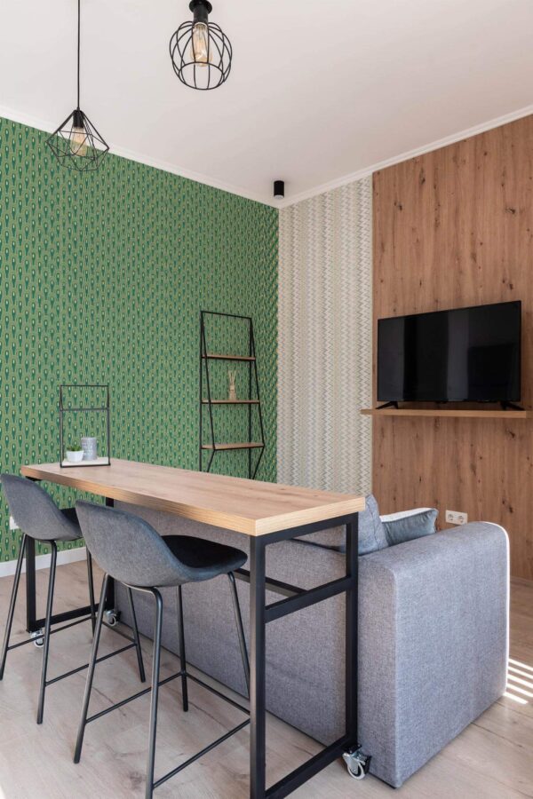 Scandinavian style open living room decorated with Yellow Art deco peel and stick wallpaper