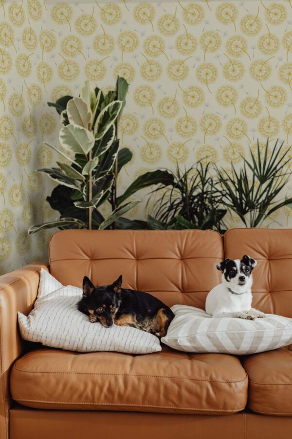 Mid-century modern style living room decorated with Yellow dandelion floral peel and stick wallpaper