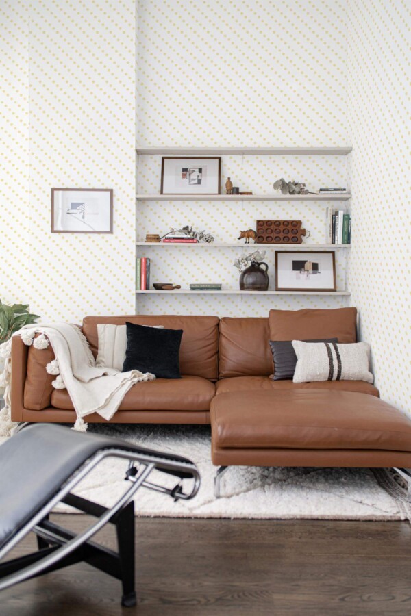 Mid-century modern style dining room decorated with Yellow Dotted peel and stick wallpaper