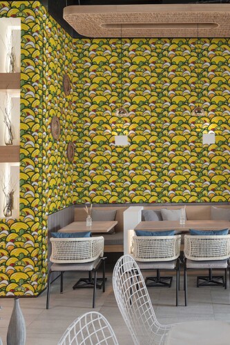 Fancy Walls Yellow Fun wallpaper for Cafe walls in Cute Kawaii style traditional wallpaper.