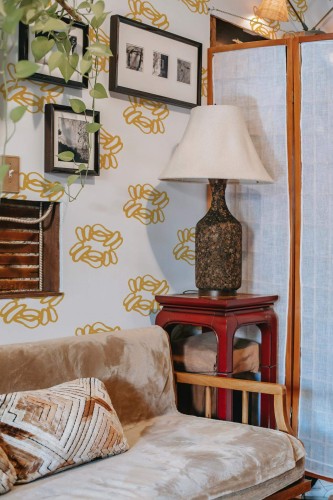 Southwestern style living room decorated with Yellow large floral peel and stick wallpaper