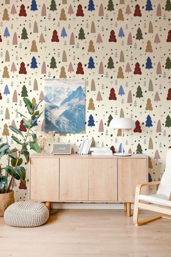 Traditional wallpaper with yellow pine tree pattern by Fancy Walls