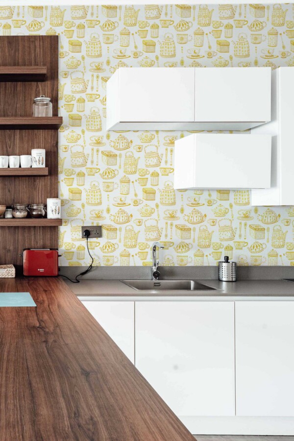 Fancy Walls Yellow Tea Set Vibrant Yellow self-adhesive wallpaper
