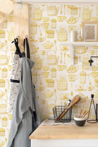 Fancy Walls Yellow Tea Set Radiant Yellow removable wallpaper