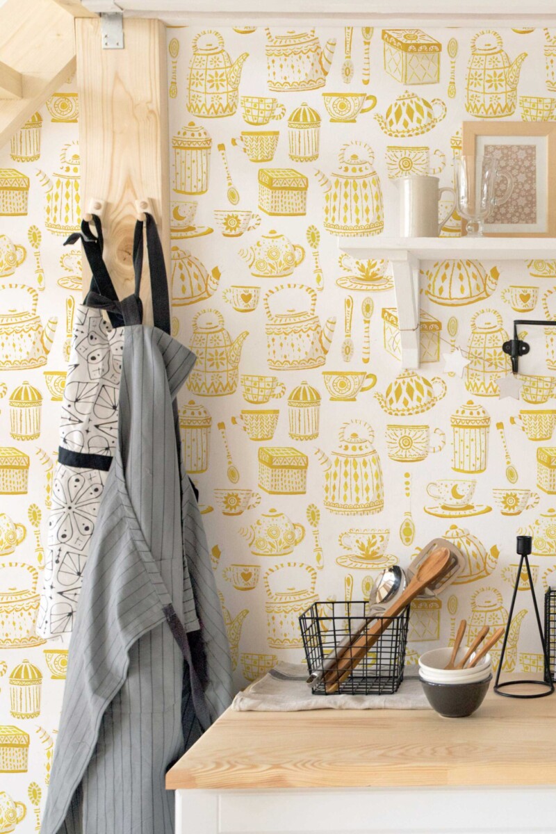 Fancy Walls Yellow Tea Set Radiant Yellow removable wallpaper