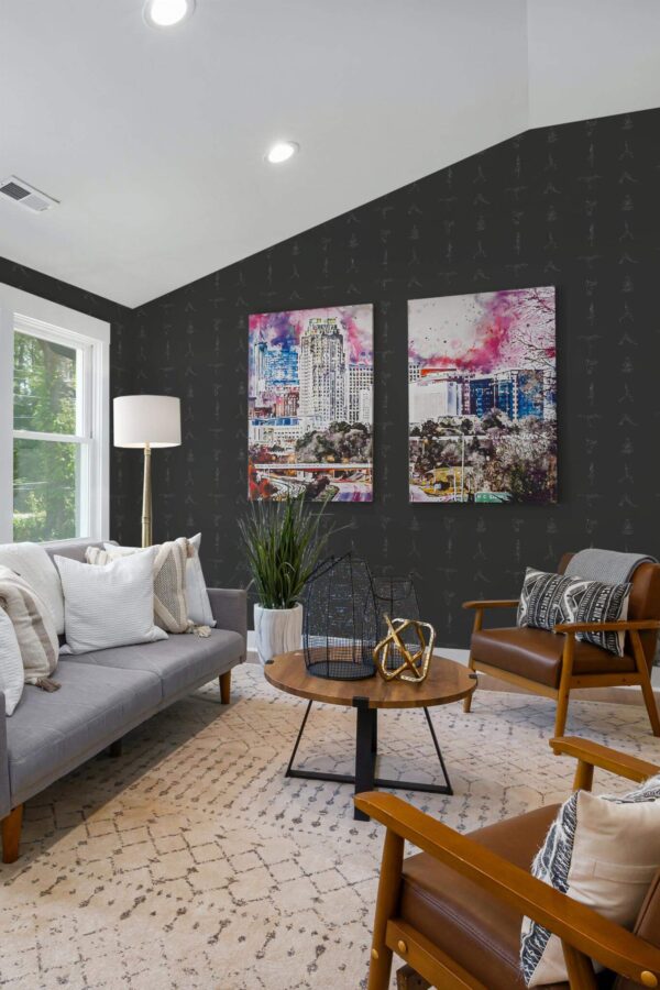 Mid-century modern style living room decorated with Yoga class peel and stick wallpaper and colorful funky artwork