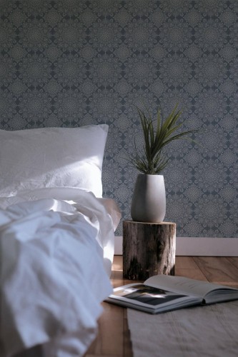 Minimal scandinavian style bedroom decorated with Yoga mandala peel and stick wallpaper