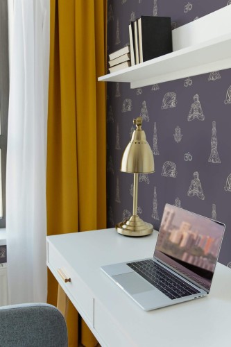 Scandinavian style home office decorated with Yoga positions peel and stick wallpaper