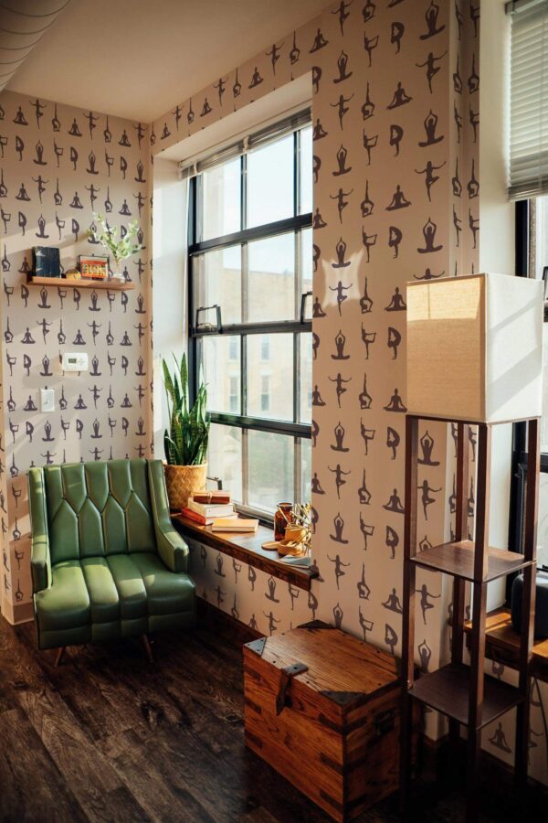 Mid-century style living room decorated with Yoga peel and stick wallpaper