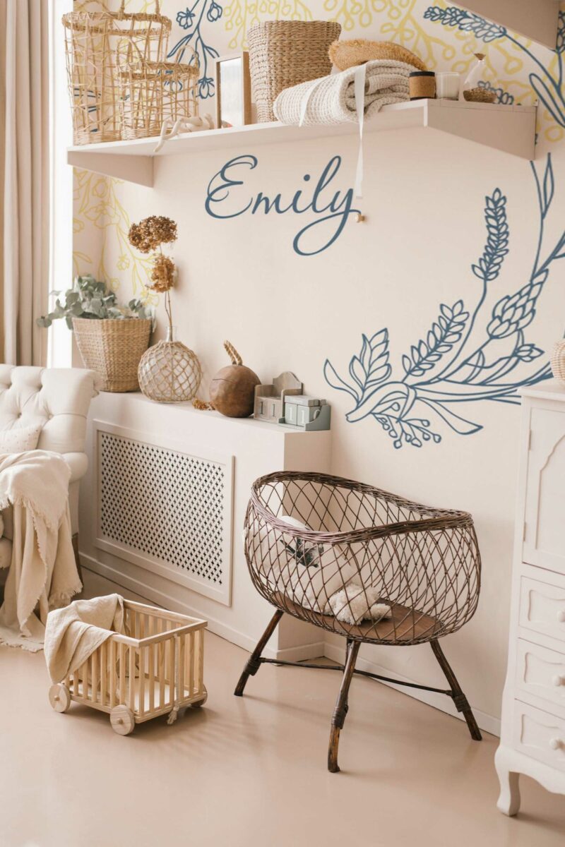 Personalized Nursery Name peel and stick or non-pasted wall mural. Fancy Walls removable self-adhesive or traditional botanical floral eco-friendly and PVC-free nursery wall mural.