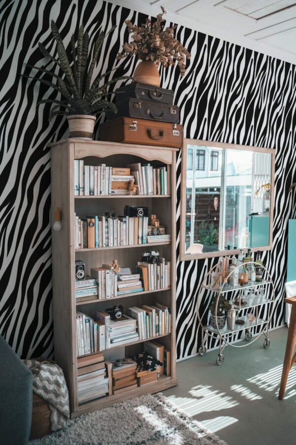 Farmhouse style living room decorated with Zebra print peel and stick wallpaper