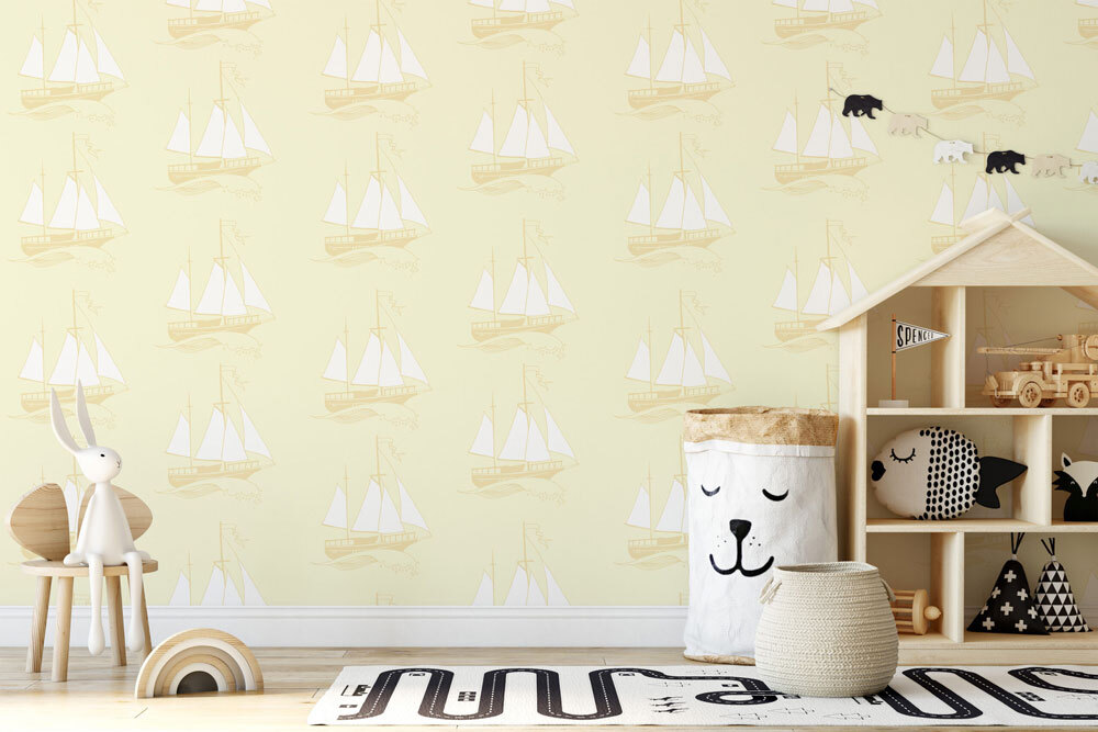 Calming cream colored peel and stick or non-pasted nursery wallpaper collection. Fancy Walls self-adhesive or traditional eco-friendly and PVC-free wallpapers for walls