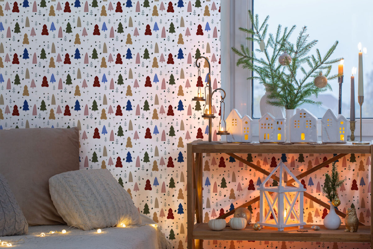 Cozy and warming christmas and new year peel and stick or non-pasted wallpapers. Fancy Walls festive self-adhesive or traditionas eco-friendly and PVC-free wallpaper for walls collection
