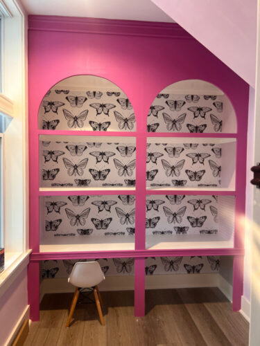 Black and white butterfly peel and stick wallpaper installed in cabinet - review picture submitted by Jurgis