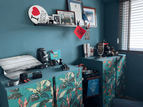 Leaf tropical peel and stick wallpaper installed on furniture - review picture submitted by Jurgis