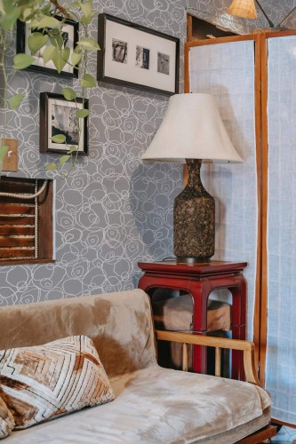 Southwestern style living room decorated with Abstract circle peel and stick wallpaper