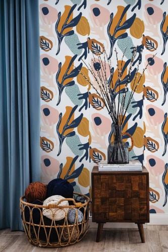 Coastal style living room decorated with Abstract corals peel and stick wallpaper