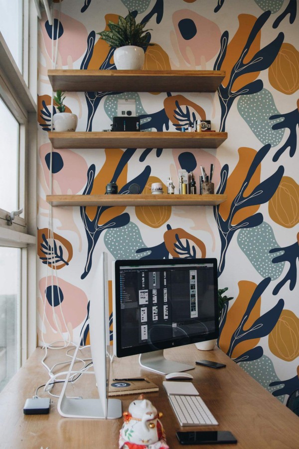 Mid-century rustic style office decorated with Abstract corals peel and stick wallpaper