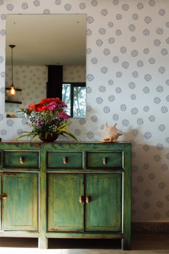 Industrial style living room decorated with Abstract dots peel and stick wallpaper