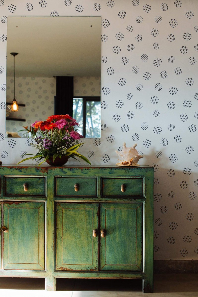 Industrial style living room decorated with Abstract dots peel and stick wallpaper