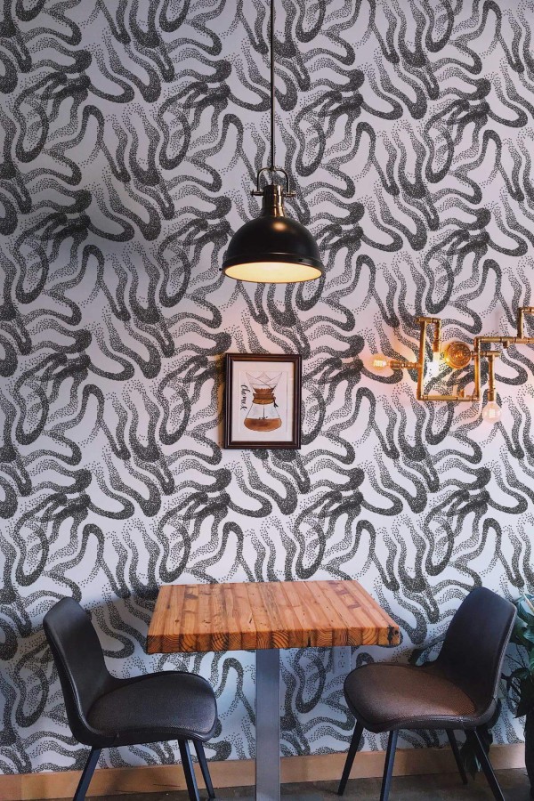 Rustic farmhouse style dining room decorated with Abstract dotted lines peel and stick wallpaper