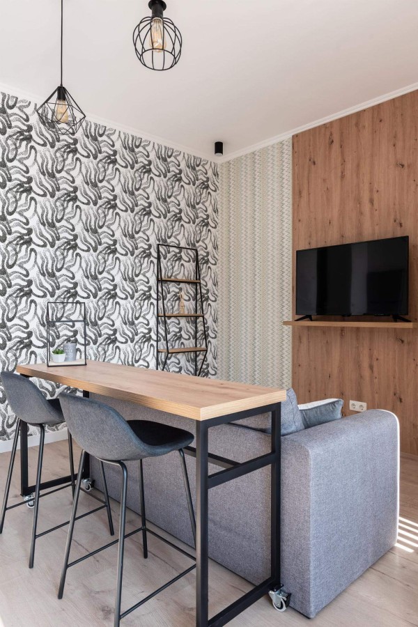 Scandinavian style open living room decorated with Abstract dotted lines peel and stick wallpaper