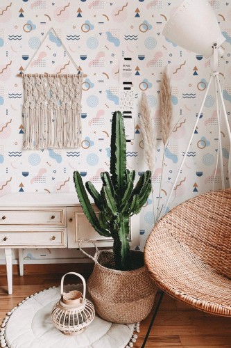 Bohemian style living room decorated with Abstract geometric shapes peel and stick wallpaper
