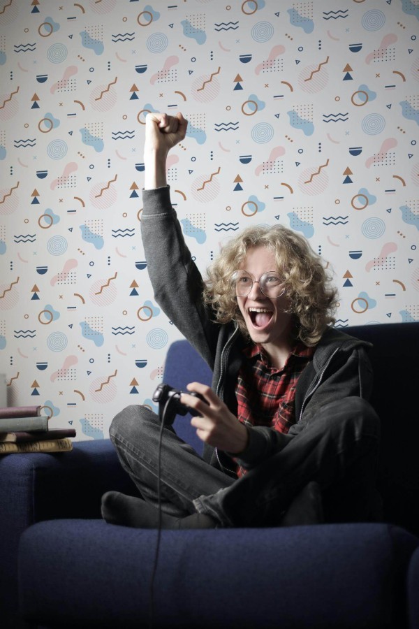 Minimal style gaming room decorated with Abstract geometric shapes peel and stick wallpaper